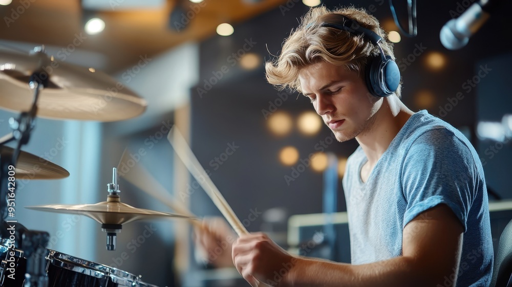 Naklejka premium Blonde man drumming with precision in a studio, the rhythm intense and focused.