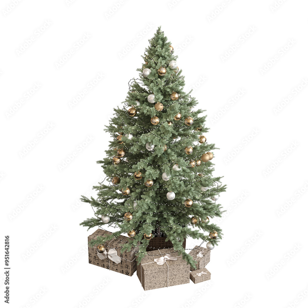 Fototapeta premium Christmas tree with decorations, isolate on a transparent background, 3d illustration, cg render 