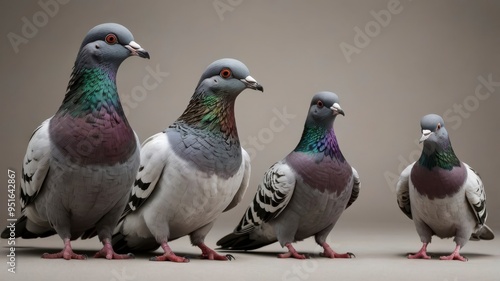 Pigeon bundle standing, portrait, and flying, isolated 