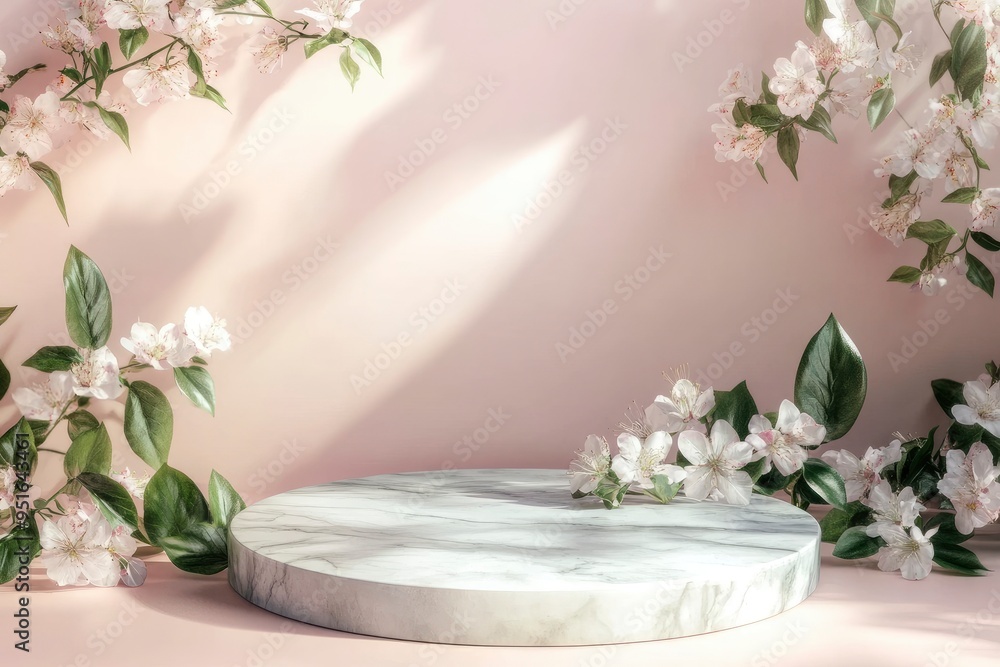 light marble stone podium stand for cosmetics and product display on abstract pastel background with flowers and green leaves with generative ai light marble stone podium stand for cosmetics and product display on abstract pastel background with flowers and green leaves with generative ai