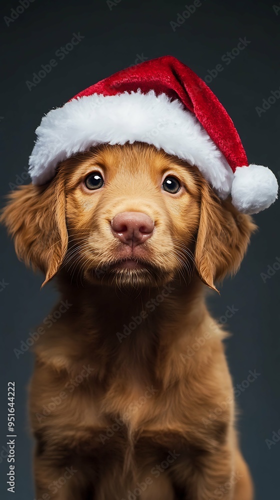 cute ginger puppy portrait in santa hat isolated on dark background cute ginger puppy portrait in santa hat isolated on dark background