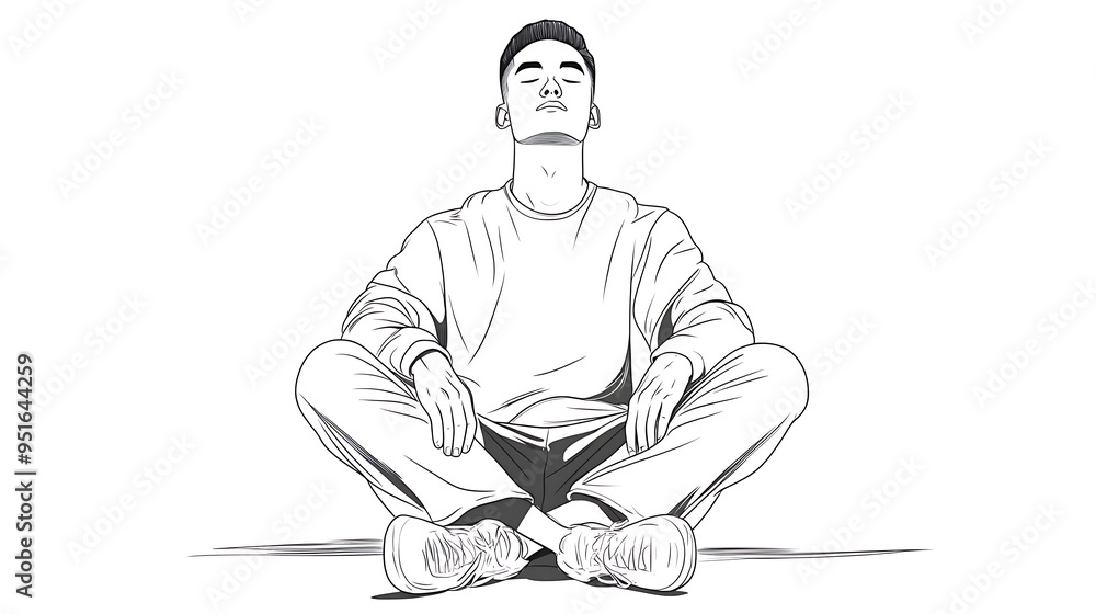 Zen Asian Man in Sports Attire - Minimalist Line Drawing with Bold Outlines on White Background Zen Asian Man in Sports Attire - Minimalist Line Drawing with Bold Outlines on White Background