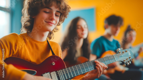 Wallpaper Mural Smiling playing guitar, learning musical instrument together generated by AI Torontodigital.ca