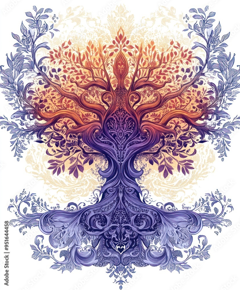 A stylized tree design featuring intricate patterns and vibrant colors. A stylized tree design featuring intricate patterns and vibrant colors.