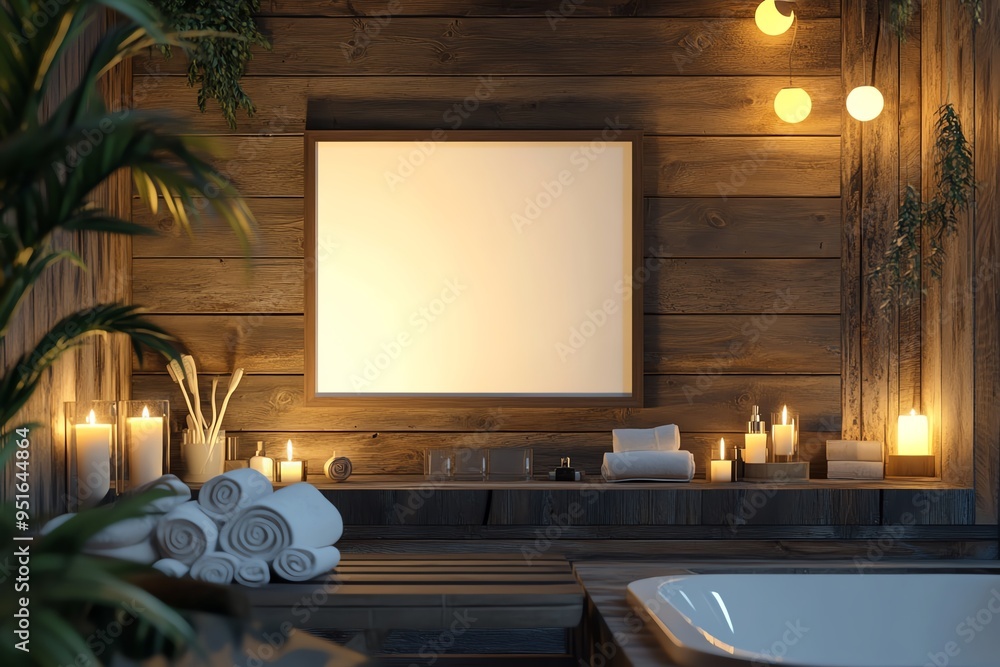 Cozy bathroom with wooden walls, candles, towels, and a large mirror, perfect for relaxation and rejuvenation. Cozy bathroom with wooden walls, candles, towels, and a large mirror, perfect for relaxation and rejuvenation.