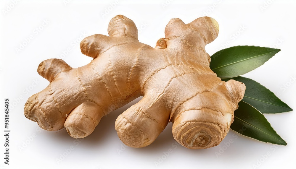 A close-up of a fresh, raw ginger root displayed against a white background, accompanied by green leaves. A close-up of a fresh, raw ginger root displayed against a white background, accompanied by green leaves.