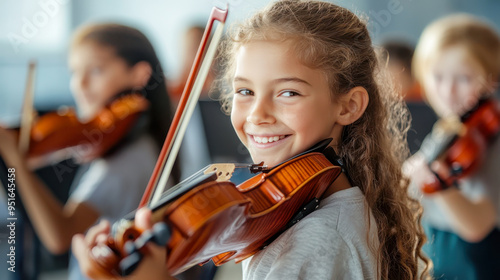 Wallpaper Mural Full of joy. Cheerful content little girl holding fiddle bow and violin while learning to play Torontodigital.ca