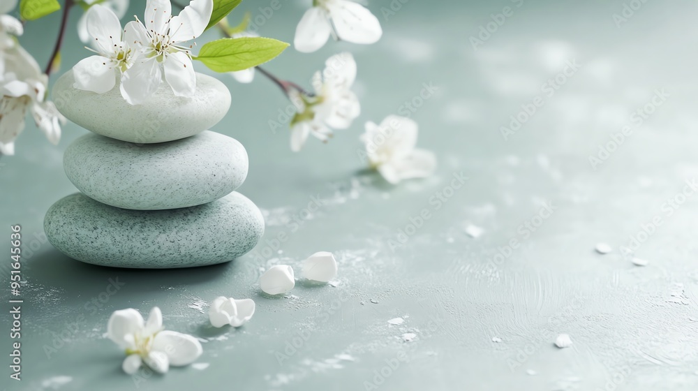 A serene composition of smooth stones and delicate flowers, evoking tranquility and harmony in a calming environment. A serene composition of smooth stones and delicate flowers, evoking tranquility and harmony in a calming environment.