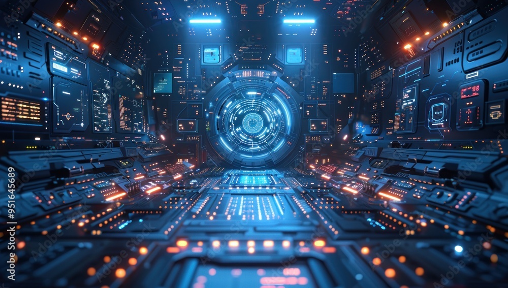 Fototapeta premium Futuristic Spaceship Interior with Glowing Controls