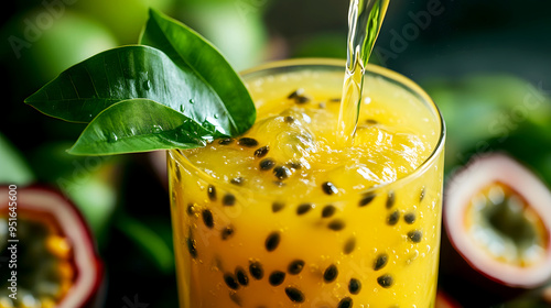 Passion fruit juice being poured into a glass with passion fruit seeds and a tropical leaf photo