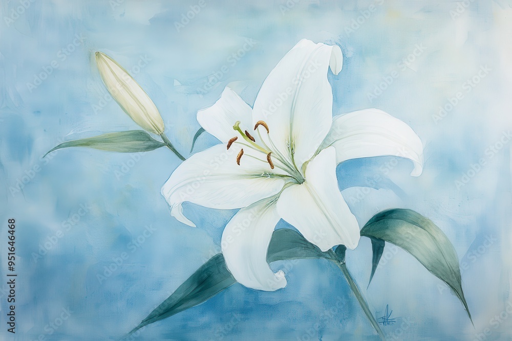 White Lily Flower Watercolor Painting on Blue Background - Botanical Illustration, Floral Art White Lily Flower Watercolor Painting on Blue Background - Botanical Illustration, Floral Art