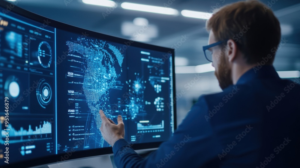 Aerospace supply chain managers analyzing data on a digital dashboard, focusing on industry trends and logistics flow Aerospace supply chain managers analyzing data on a digital dashboard, focusing on industry trends and logistics flow