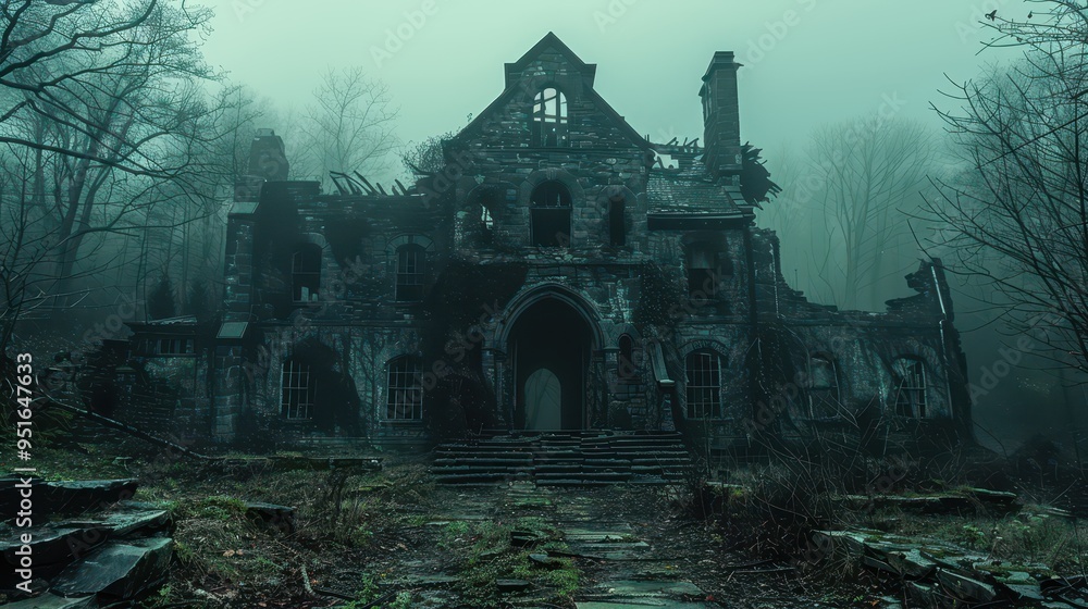 An eerie, abandoned house surrounded by misty trees, evoking a sense of mystery and nostalgia in a haunting landscape. An eerie, abandoned house surrounded by misty trees, evoking a sense of mystery and nostalgia in a haunting landscape.