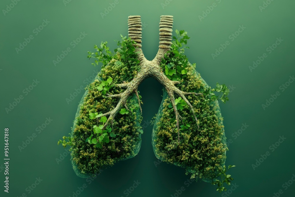 Naklejka premium Lungs covered with green plants against green background with generative ai