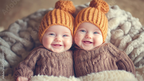 Wallpaper Mural Two cheerful babies in cute hats lie together on a soft blanket, enjoying a cozy moment Torontodigital.ca