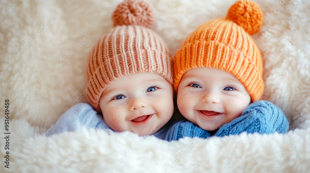 Two cheerful babies in cute hats lie together on a soft blanket, enjoying a cozy moment Two cheerful babies in cute hats lie together on a soft blanket, enjoying a cozy moment