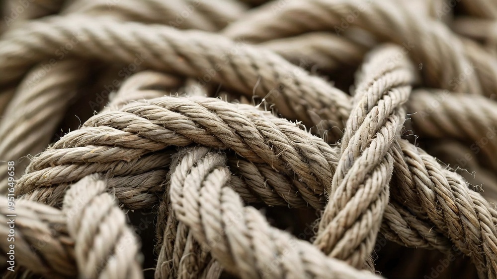 A close-up of a tangled mass of thick, brown rope. A close-up of a tangled mass of thick, brown rope.