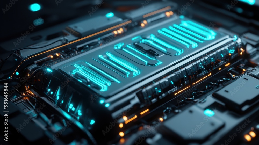 Futuristic Technology Circuit Board with Glowing Blue Lines and Orange Lights. Futuristic Technology Circuit Board with Glowing Blue Lines and Orange Lights.
