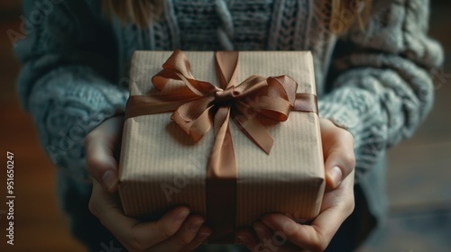 Hands Holding Brown Gift Box with Ribbon