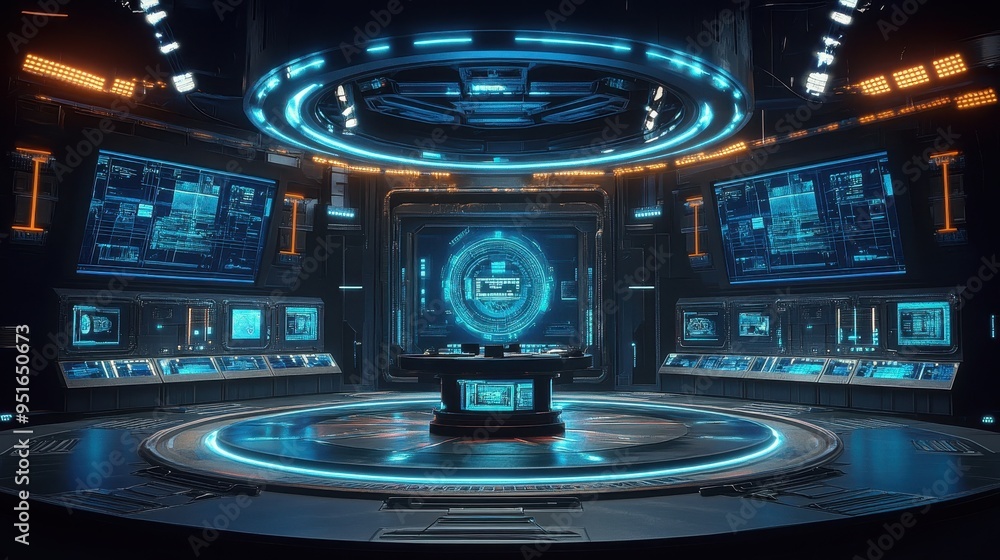 Futuristic Control Room with Holographic Interface and Circular Platform. Futuristic Control Room with Holographic Interface and Circular Platform.