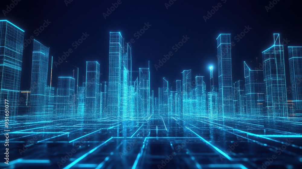 Futuristic Cityscape with Digital Buildings and Glowing Lines. Futuristic Cityscape with Digital Buildings and Glowing Lines.