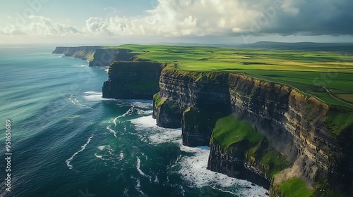 Majestic Cliffs of Moher in Ireland: A Stunning View of Dramatic Coastline and Green Fields Promoting Sustainable Tourism