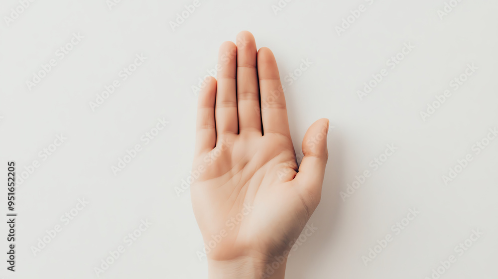 A close-up of an open hand with fingers together, palm facing forward, against a light background, symbolizing stop or request or raise hand up A close-up of an open hand with fingers together, palm facing forward, against a light background, symbolizing stop or request or raise hand up