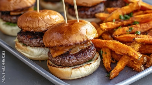 Wallpaper Mural A plate of multiple small burgers with chargrilled beef and cheese, side by side on the platter, some in buns with toothpicks, beside them is a pile of crispy sweet potato fries. Torontodigital.ca
