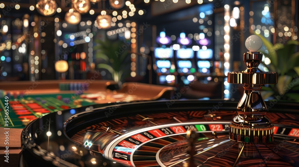 A casino scene with a gold ball on a roulette wheel A casino scene with a gold ball on a roulette wheel