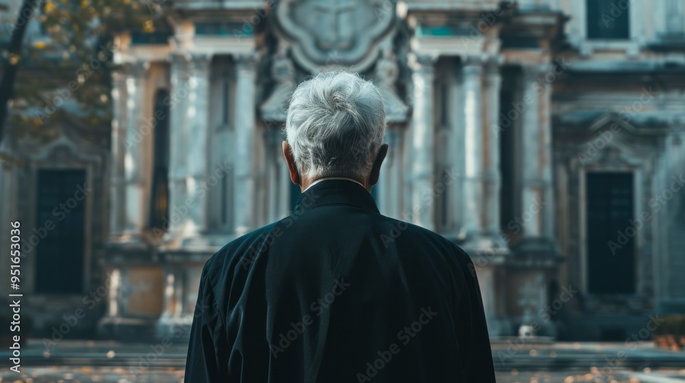 A man in a black coat stands in front of a large building A man in a black coat stands in front of a large building