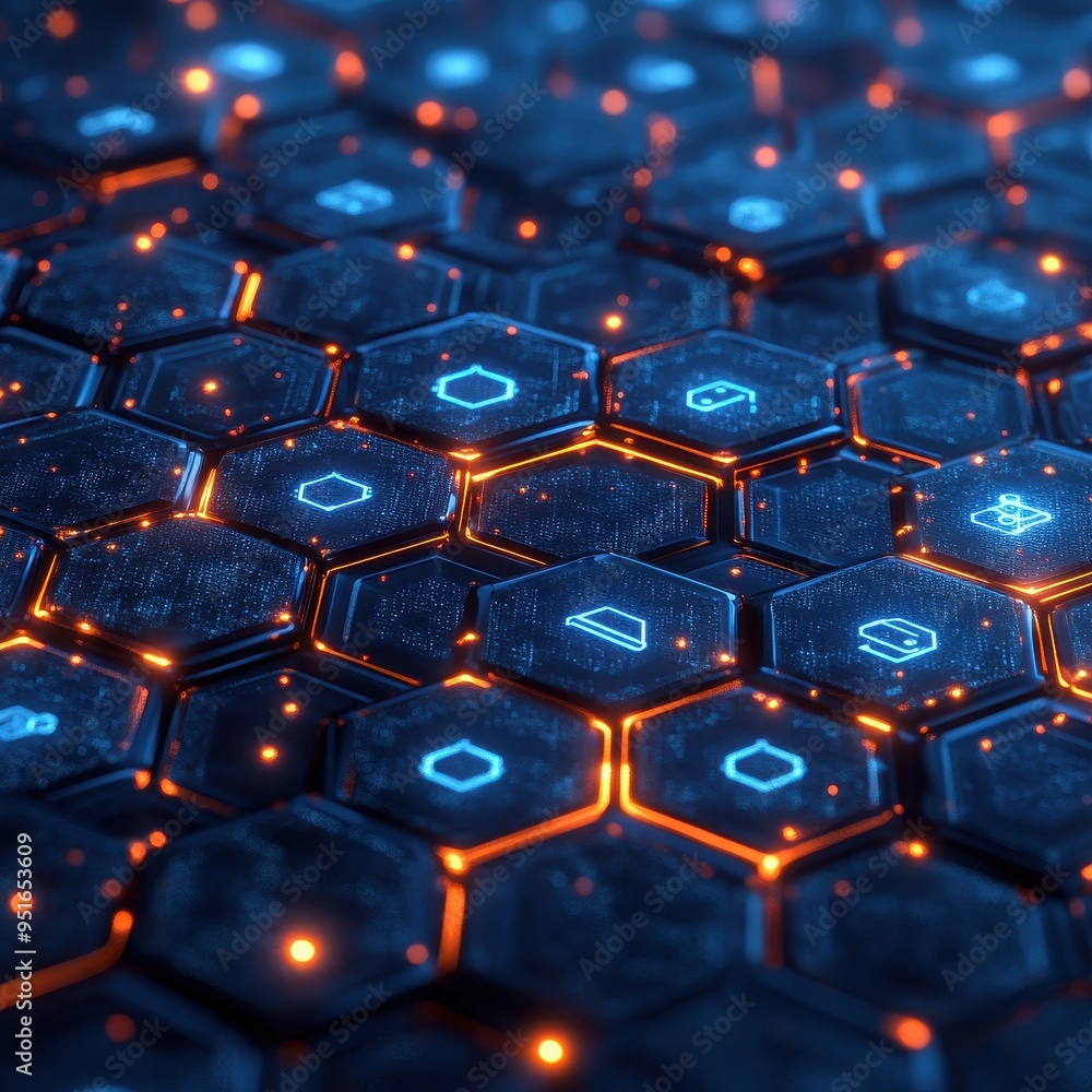 Abstract Futuristic Hexagon Grid with Glowing Orange and Blue Lights - 3D Render. Abstract Futuristic Hexagon Grid with Glowing Orange and Blue Lights - 3D Render.