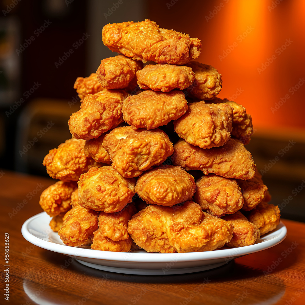 Tower of Crispy Fried Chicken Pieces on a Plate Tower of Crispy Fried Chicken Pieces on a Plate
