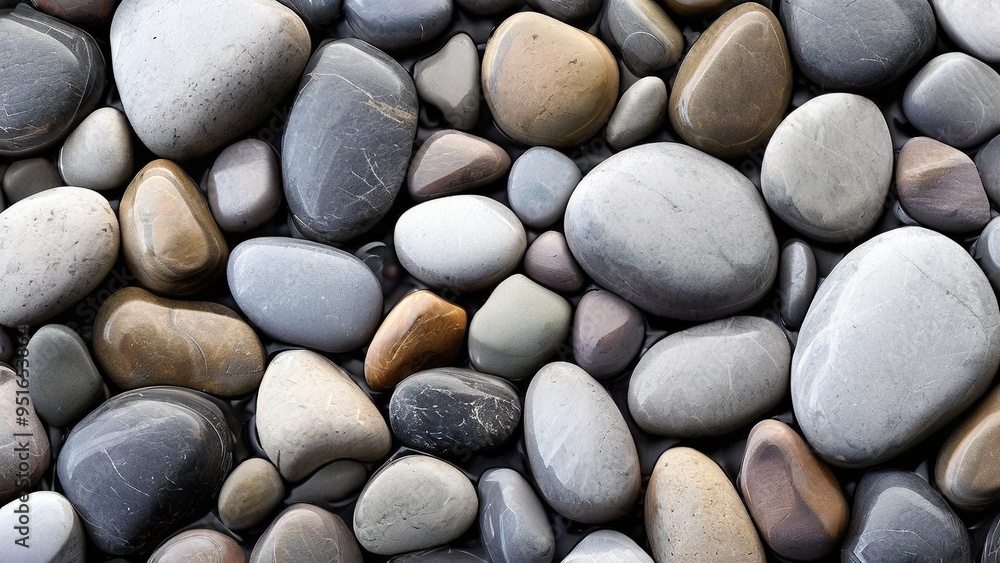 A close-up shot of a variety of smooth, gray, brown, and white river rocks. The rocks are wet from recent rainfall, giving the image a natural, tranquil feel. A close-up shot of a variety of smooth, gray, brown, and white river rocks. The rocks are wet from recent rainfall, giving the image a natural, tranquil feel.