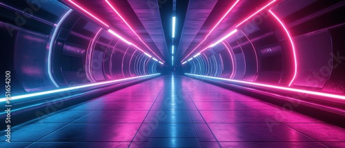 Futuristic Neon Tunnel Corridor with Pink and Blue Lights, 3D Rendering.