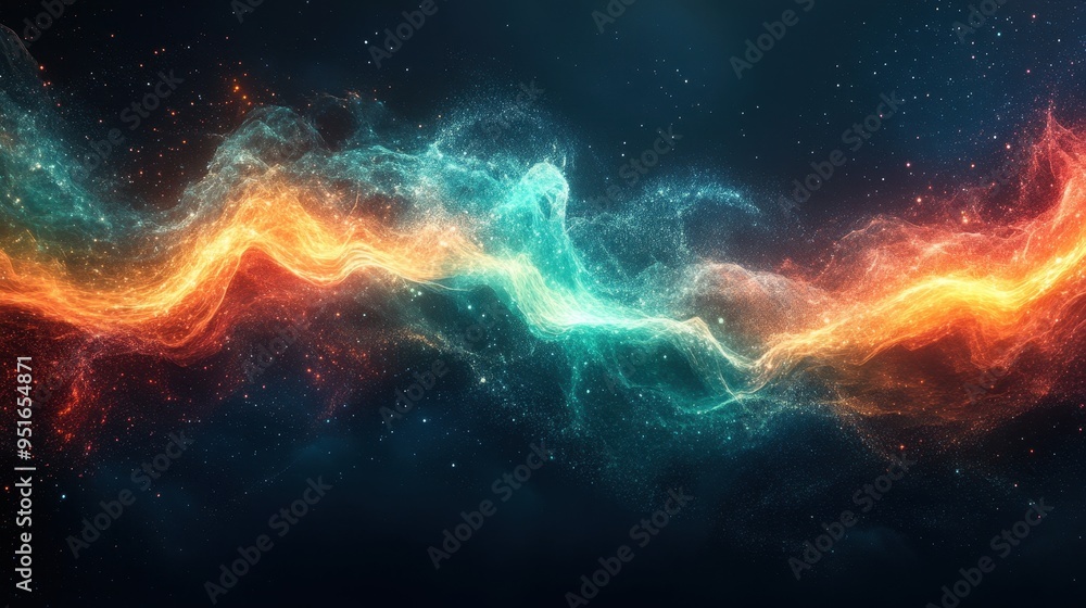 Abstract Cosmic Energy Wave with Orange and Teal Lights Against a Dark Starry Sky. Abstract Cosmic Energy Wave with Orange and Teal Lights Against a Dark Starry Sky.