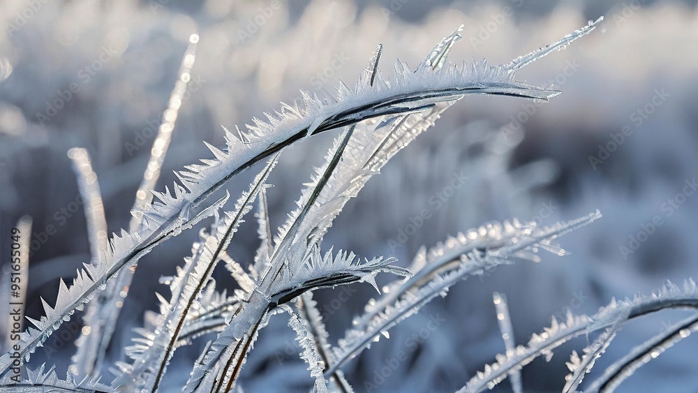 Fototapeta premium A close-up shot of frost-covered grass blades against a blurry background.