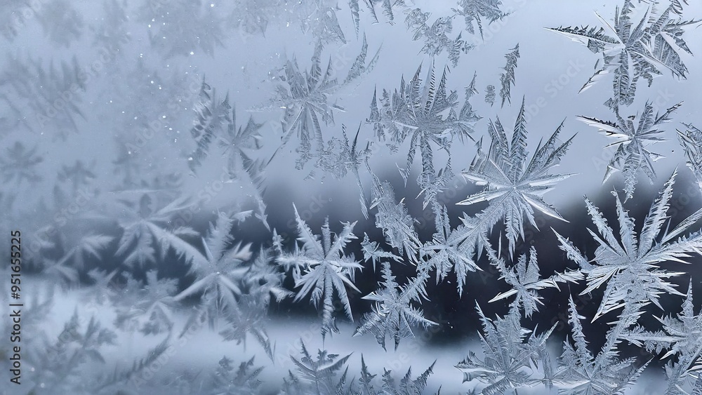 A close-up shot of intricate frost patterns on a window pane, creating a beautiful abstract design.