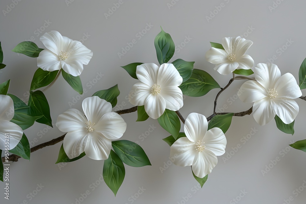 Elegant White Flowers on Branch with Green Leaves for Floral Print and Poster Design Elegant White Flowers on Branch with Green Leaves for Floral Print and Poster Design