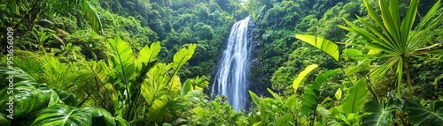 Waterfall in a tropical rainforest jungle, framed by exotic plants and rich foliage, creating a vibrant and lively scene