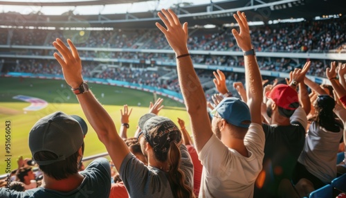 Several Spectators with Hands Raised Celebrating in the Stands at a Cricket Match