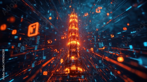 Futuristic Cityscape with Glowing Tower and Digital Data Stream - Cyberpunk Art.