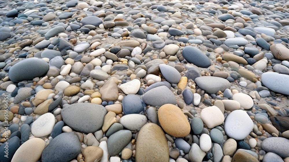 A close-up view of a beach covered in smooth, rounded pebbles of various sizes and colors. A close-up view of a beach covered in smooth, rounded pebbles of various sizes and colors.