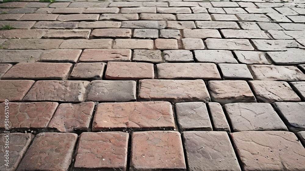 A close-up view of a brick walkway with a slight perspective. A close-up view of a brick walkway with a slight perspective.
