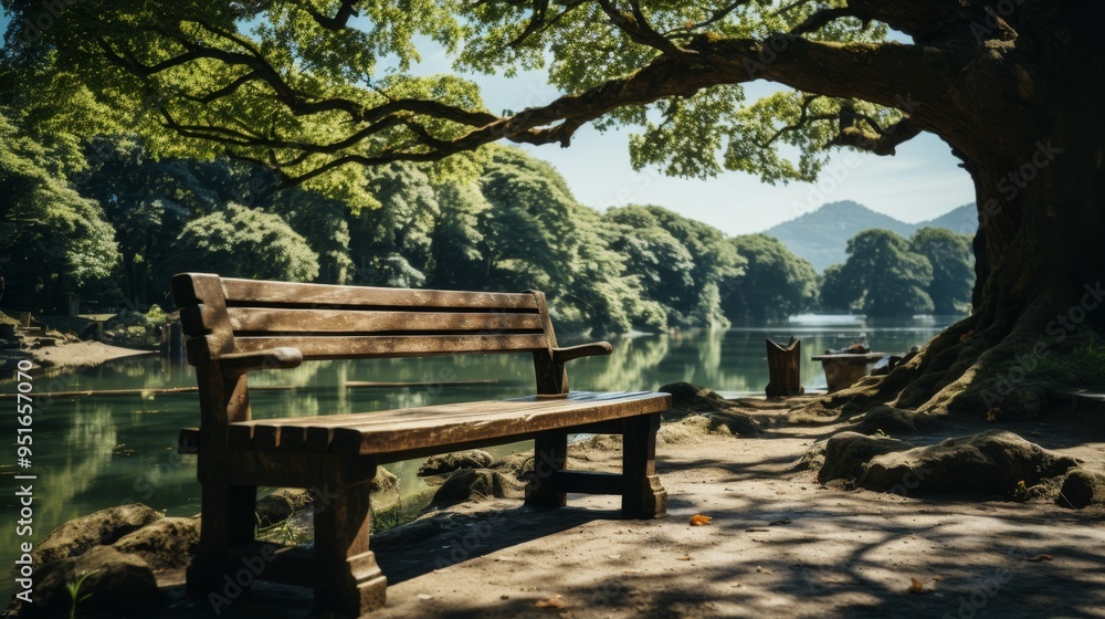 Beautiful green park near the lake with a bench Beautiful green park near the lake with a bench