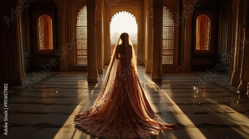 Bride in a royal setting, her dupatta flowing elegantly as she stands in a palatial room, symbolizing grandeur and tradition