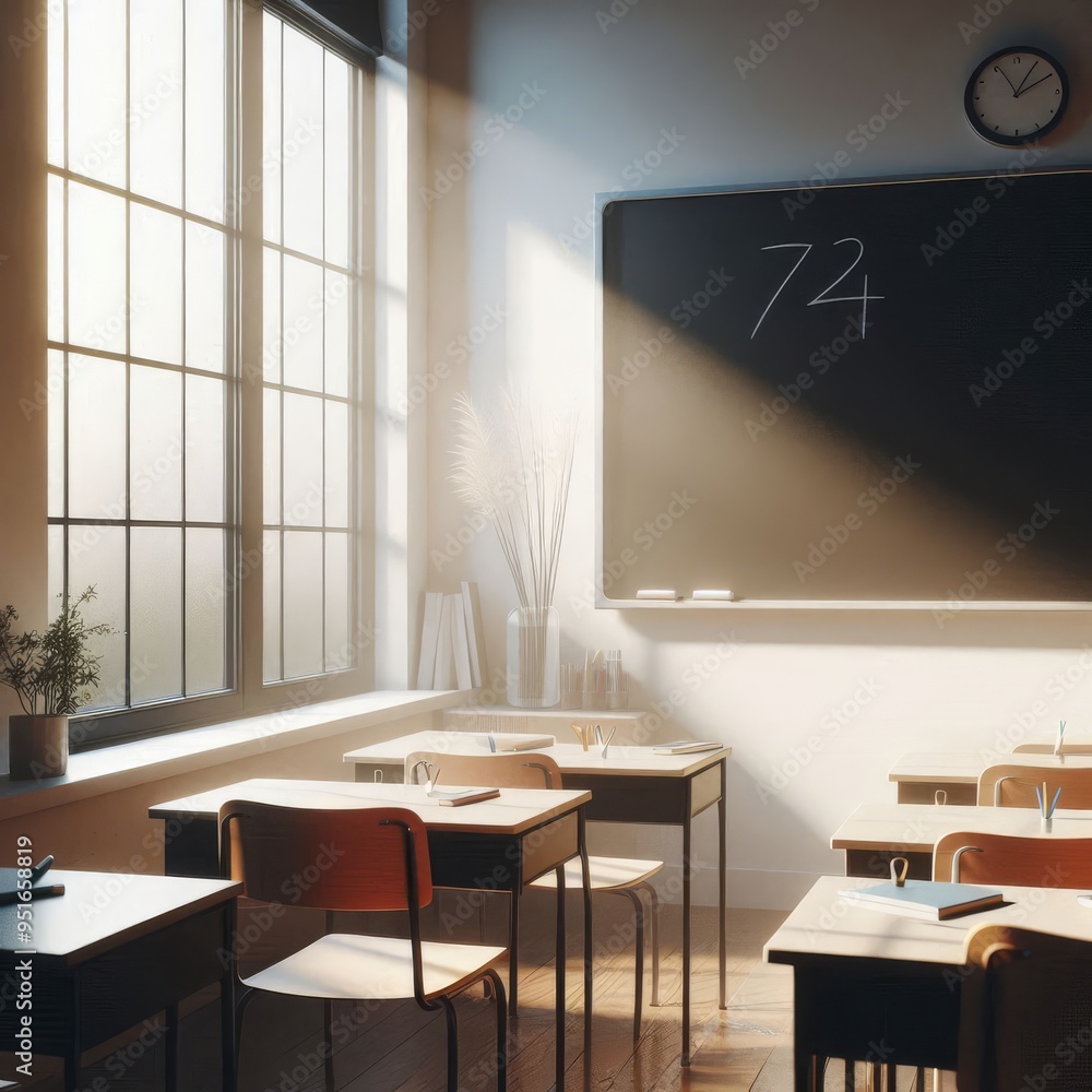 Fototapeta premium a classroom with tables and chairs and a chalkboard with the word w on it.