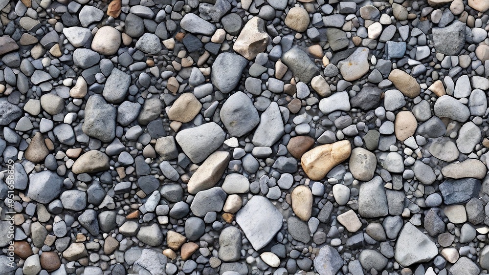 A close-up view of a variety of smooth, gray, brown, and tan river rocks on the ground. A close-up view of a variety of smooth, gray, brown, and tan river rocks on the ground.