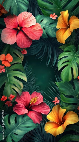 Vibrant Tropical Flowers and Lush Green Leaves with Copy Space - Summer Floral Background.