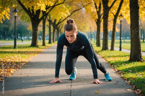 Young athlete bending over backwards on footpath in park