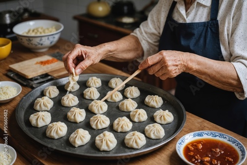 An elderly woman makes dumplings from dough with meat